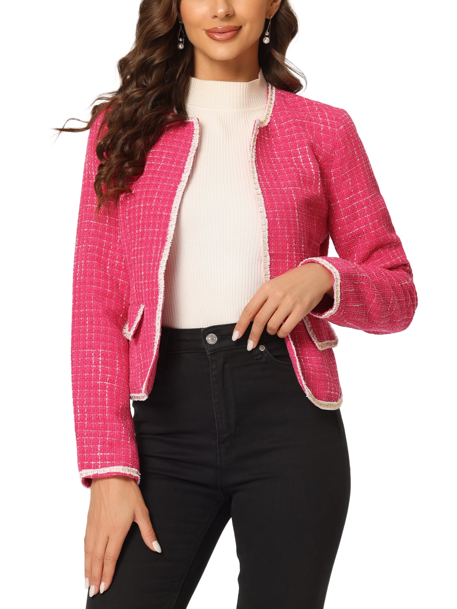 Two Piece Set Long Sleeve Pink Tweed Jacket Plaid Strap 