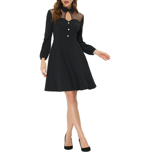 INSPIRE CHIC Women's Point Collar Mesh Panel Keyhole Party Dress Black S