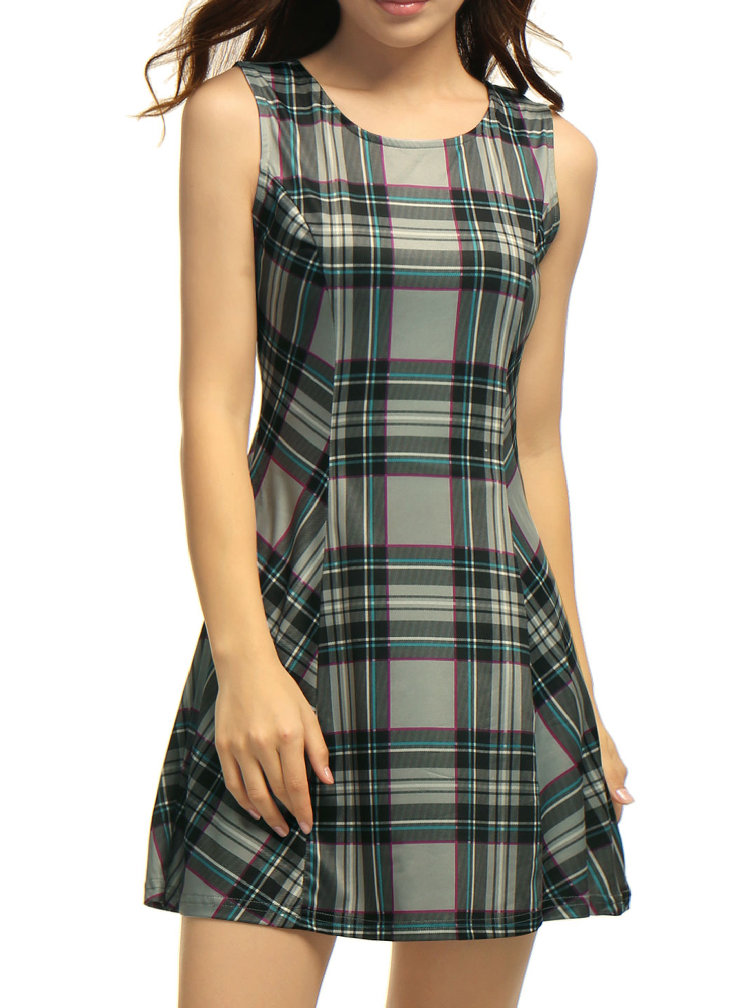Allegra K Women's Halloween Costume Round Neck Sleeveless Plaids ALine