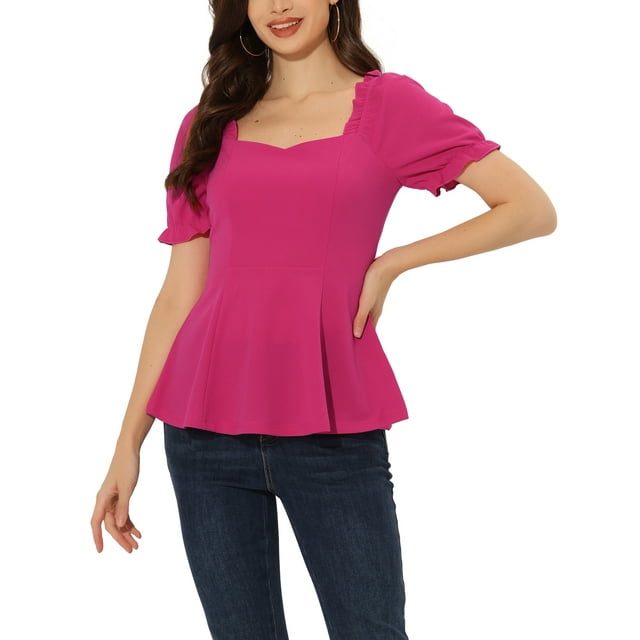 Allegra K Womens Ruffle Peplum Top Sweetheart Neck Puff Sleeve Elegant Blouse Xl Hot Pink 9827