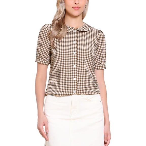 INSPIRE CHIC Women's Plaid Shirt Peter Pan Collar Puff Short Sleeve Gingham Button Down Blouse L Dark Brown
