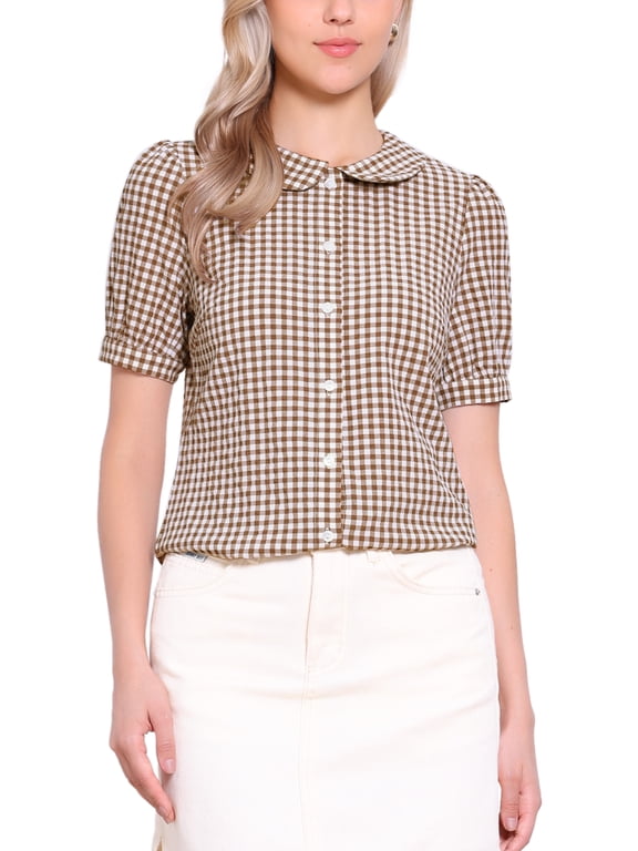 Women's Plaid Shirt Peter Pan Collar Puff Short Sleeve Button Down Gingham Blouse Dark Brown L