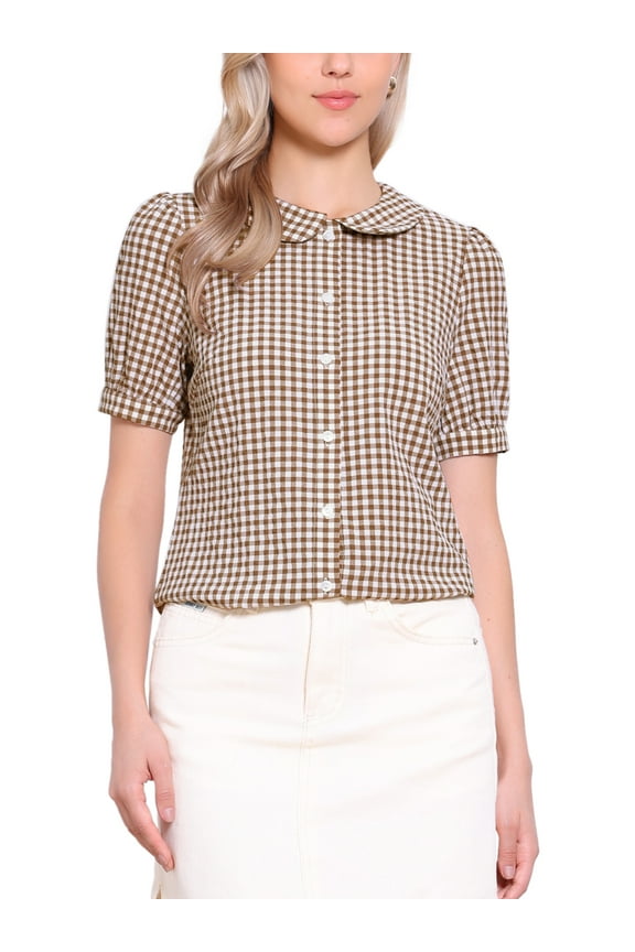 Women's Plaid Shirt Peter Pan Collar Puff Short Sleeve Gingham Button Down Blouse L Dark Brown