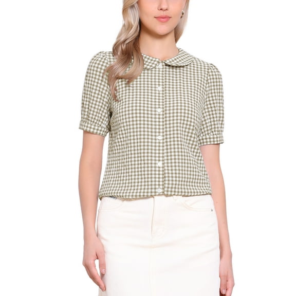 INSPIRE CHIC Women's Plaid Shirt Peter Pan Collar Puff Short Sleeve Gingham Button Down Blouse L Light Brown
