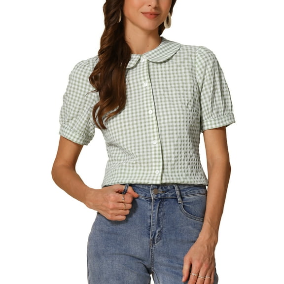 INSPIRE CHIC Women's Plaid Shirt Peter Pan Collar Puff Short Sleeve Gingham Button Down Blouse L Light Green