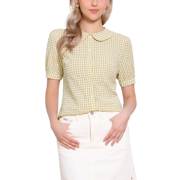 INSPIRE CHIC Women's Plaid Shirt Peter Pan Collar Puff Short Sleeve Gingham Button Down Blouse XL Apricot