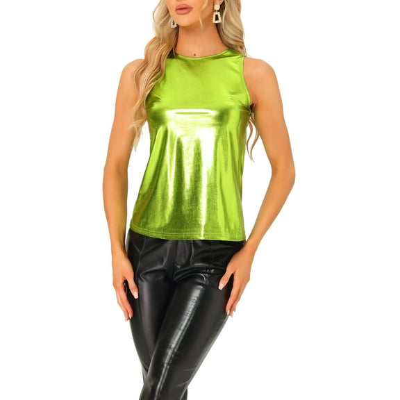 INSPIRE CHIC Women's Halloween Holographic Shiny Shirt Party Disco Metallic Tank Top for Women L Green