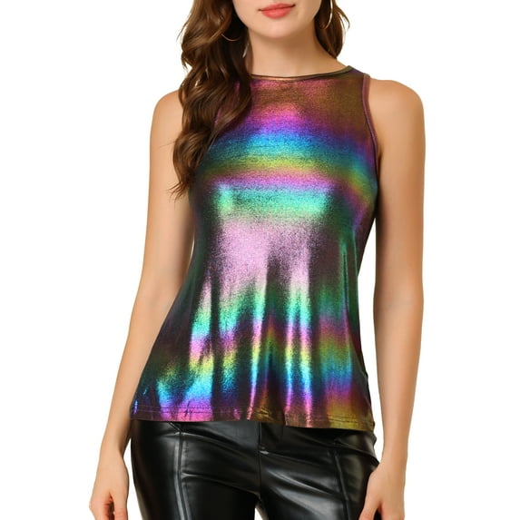 INSPIRE CHIC Women's Halloween Holographic Shiny Shirt Party Disco Metallic Tank Top for Women M Multicolor