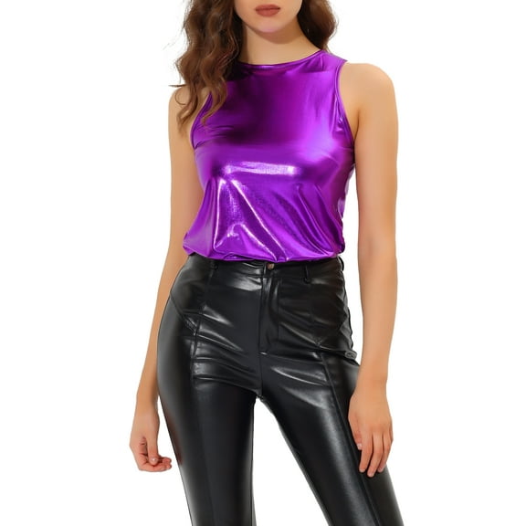 INSPIRE CHIC Women's Halloween Holographic Shiny Shirt Party Disco Metallic Tank Top for Women S Purple
