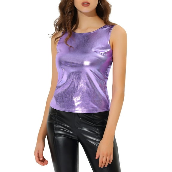 INSPIRE CHIC Women's Metallic Tank Top Halloween Club Party Shiny Sparkly Holographic Cami Top L Purple Tone