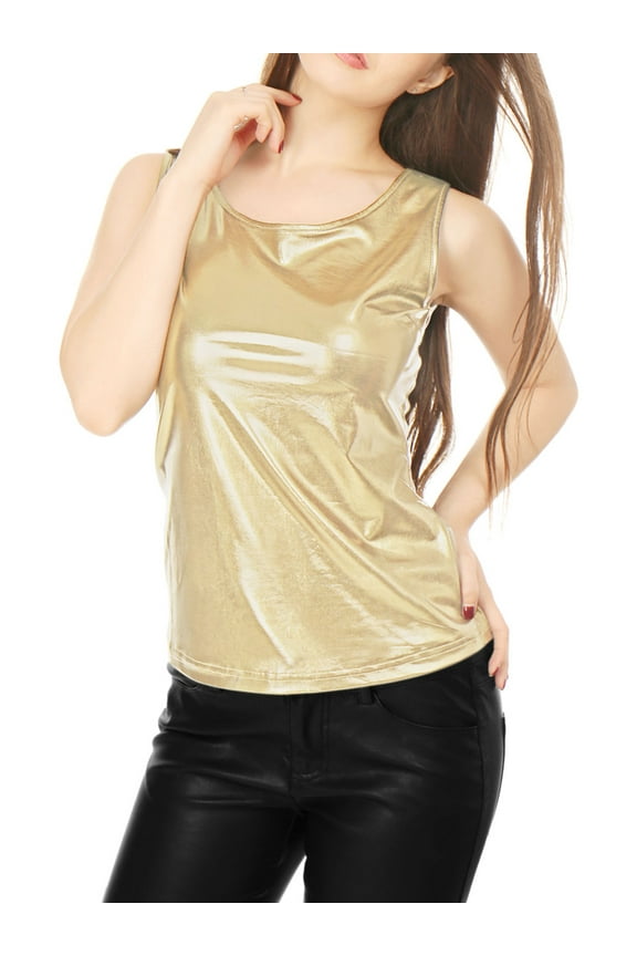 Women's Metallic Tank Top Halloween Club Party Shiny Sparkly Holographic Cami Top S Gold