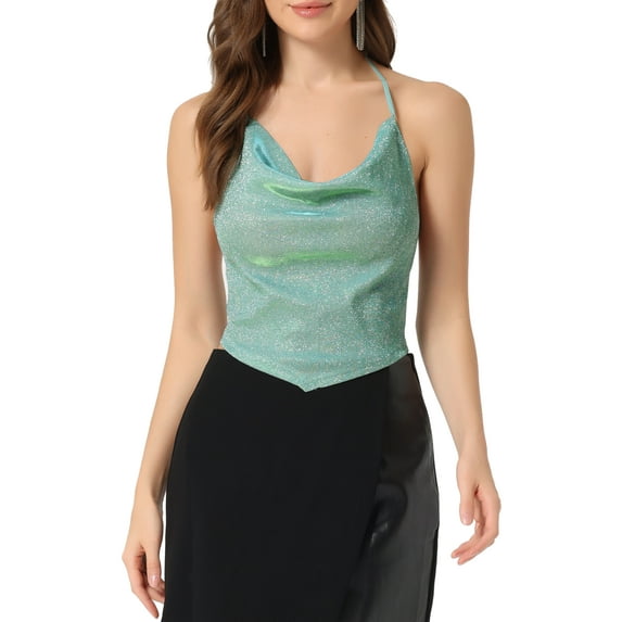 INSPIRE CHIC Women's Halter Glitter Cowl Neck Draped Clubwear Backless Crop Cami Tops M Light Green