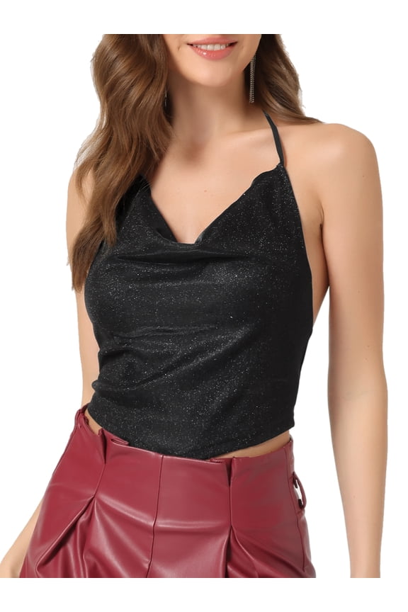 Women's Halter Glitter Cowl Neck Draped Clubwear Backless Crop Cami Tops XS Black