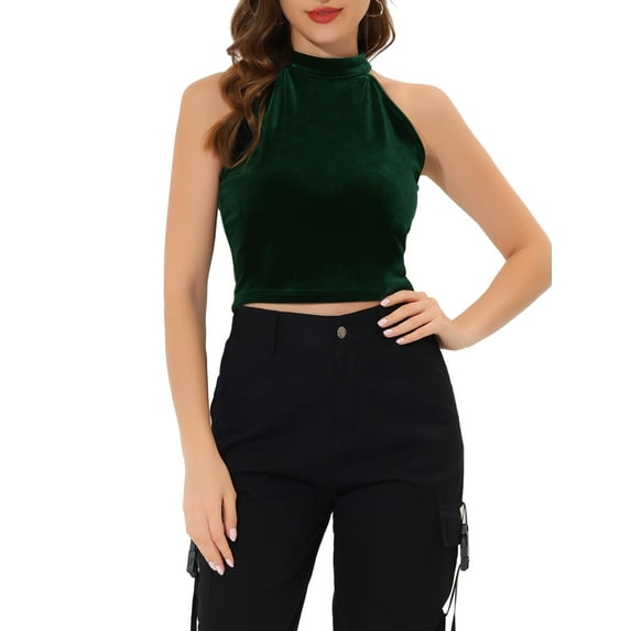 INSPIRE CHIC Women's Halter Neck Sleeveless Zipper Back Velvet Party Crop Tank Top XL Green