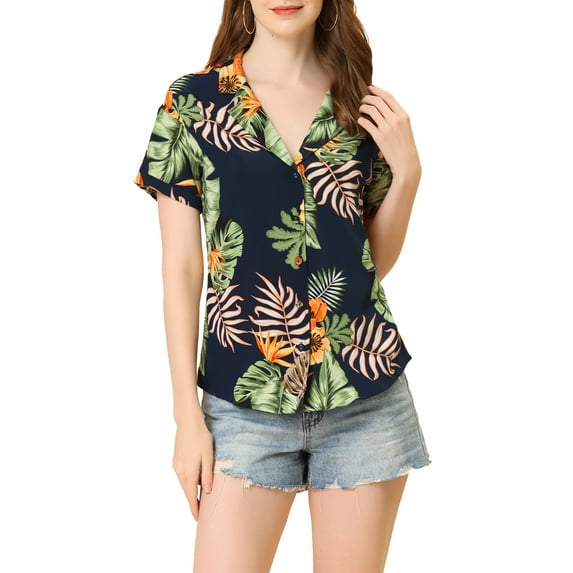 INSPIRE CHIC Valentine's Day Women's Shirts Hawaiian Short Sleeve Tropical Floral Button Down Tops S Navy Blue