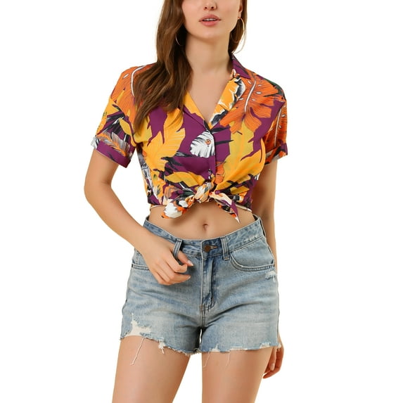 INSPIRE CHIC Valentine's Day Women's Shirts Hawaiian Short Sleeve Tropical Floral Button Down Tops S Purple