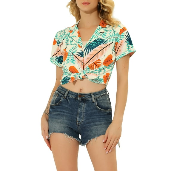 INSPIRE CHIC Valentine's Day Women's Shirts Hawaiian Short Sleeve Tropical Floral Button Down Tops XL Beige Blue
