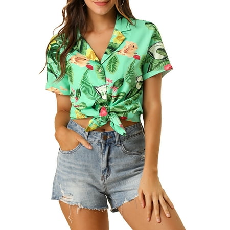 INSPIRE CHIC Women's Shirts Hawaiian Short Sleeve Tropical Floral Button Down Tops XL Mint