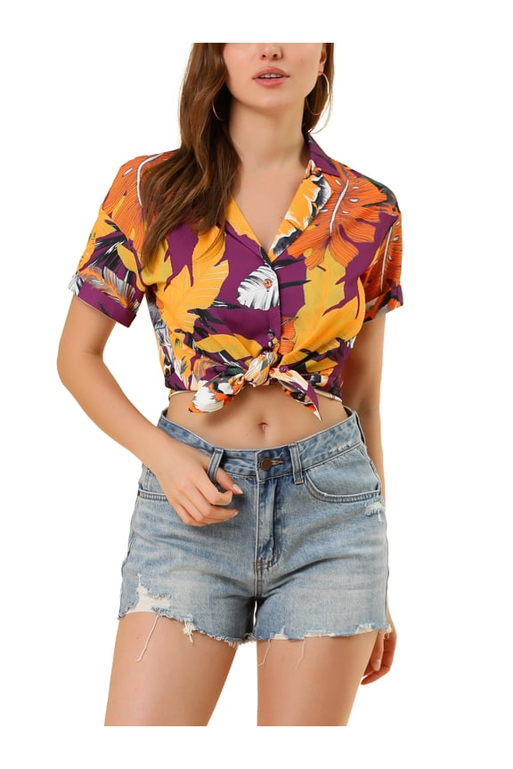 Women's Shirts Hawaiian Short Sleeve Tropical Floral Button Down Tops XL Purple