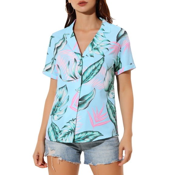 INSPIRE CHIC Valentine's Day Women's Shirts Hawaiian Short Sleeve Tropical Floral Button Down Tops XS Blue Pink