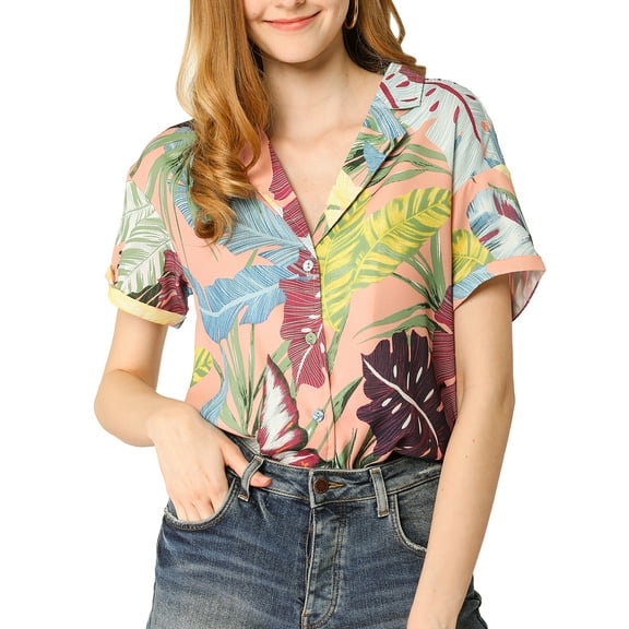 INSPIRE CHIC Valentine's Day Women's Shirts Hawaiian Short Sleeve Tropical Floral Button Down Tops XS Pink