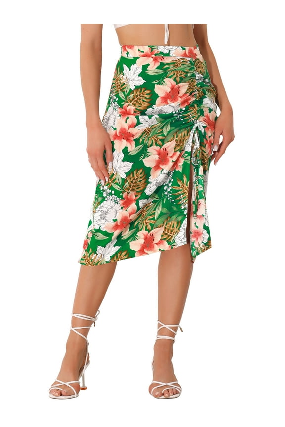Women's Hawaiian Skirts 2024 Summer Beach Ruched Front Tropical Skirt with Slit L Green