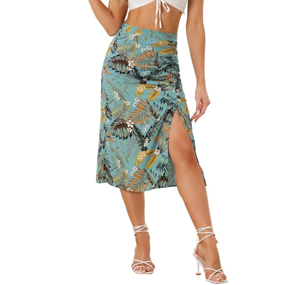 INSPIRE CHIC Women's Hawaiian Skirts 2024 Summer Beach Ruched Front Tropical Skirt with Slit L Mint Blue