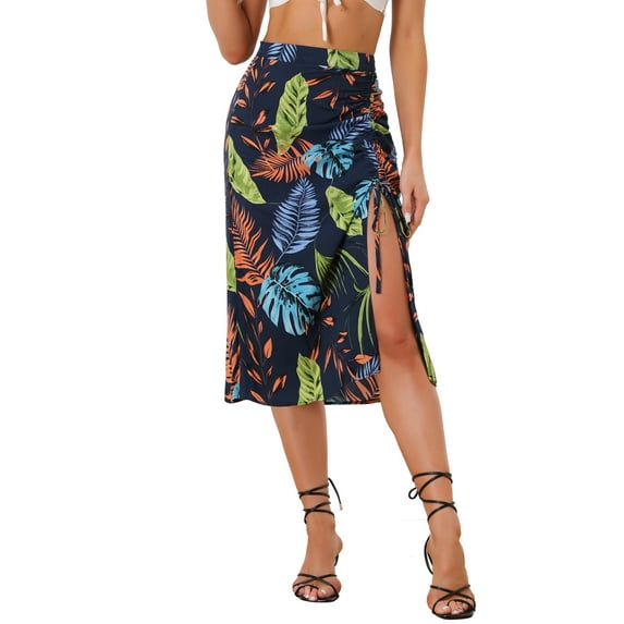 INSPIRE CHIC Women's Hawaiian Skirts 2024 Summer Beach Ruched Front Tropical Skirt with Slit L Navy Blue