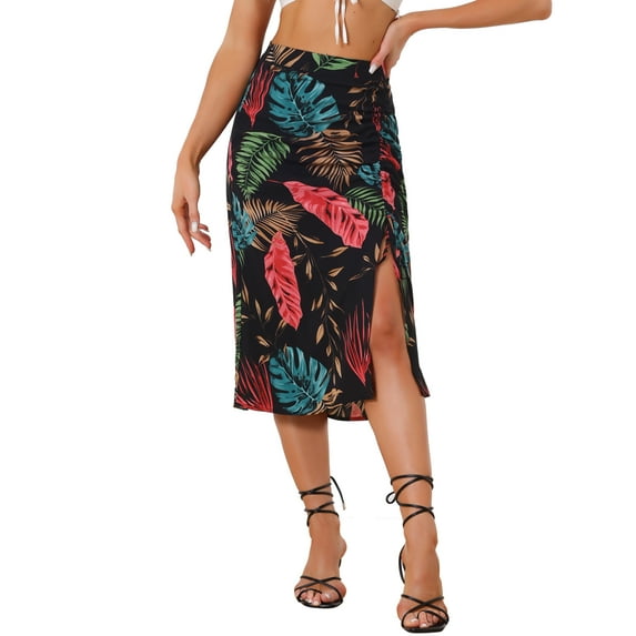 INSPIRE CHIC Women's Hawaiian Skirts 2024 Summer Beach Ruched Front Tropical Skirt with Slit M Blacks
