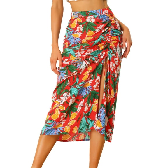 INSPIRE CHIC Women's Hawaiian Skirts 2024 Summer Beach Ruched Front Tropical Skirt with Slit S Red