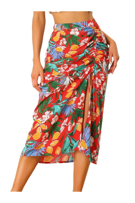 Women's Hawaiian Skirts 2024 Summer Beach Ruched Front Tropical Skirt with Slit XS Red