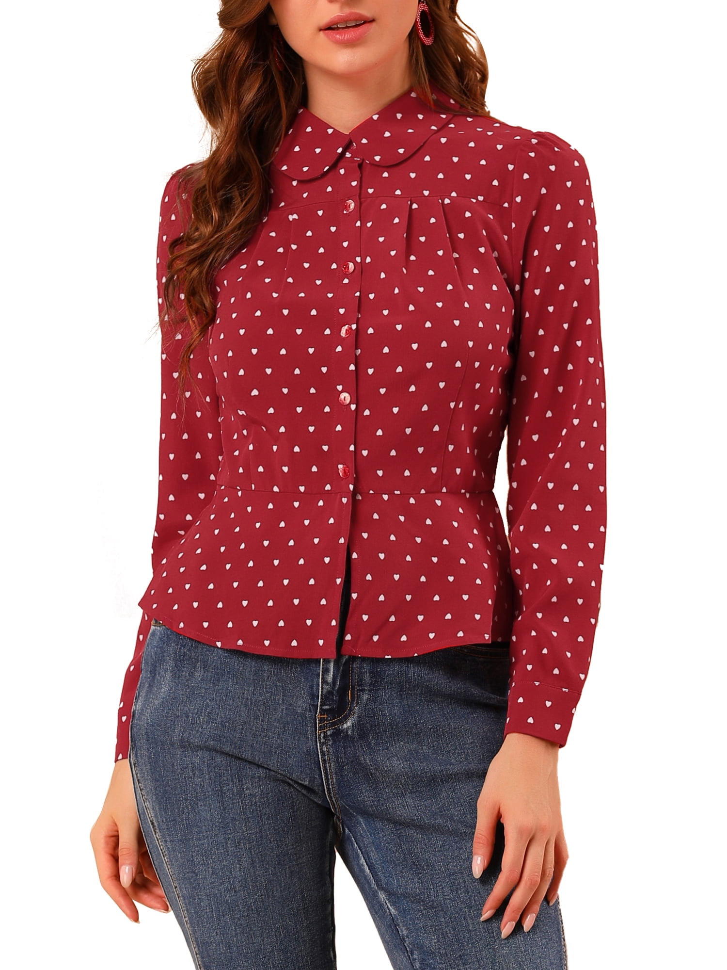 Allegra K Women's Heart Pattern Ruffle Button Down Long