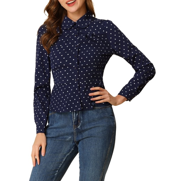 Allegra K Women's Heart Pattern Ruffle Button Down Long