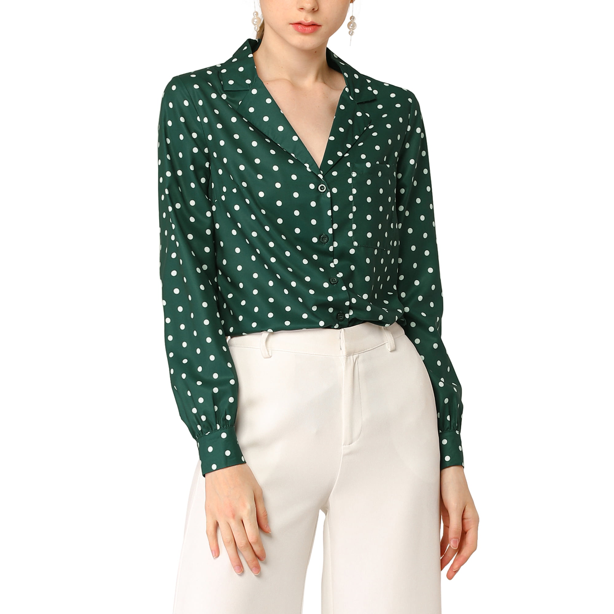 Allegra K Women's Polka Dots Office Blouse Button Down Long Sleeve Business  Casual Shirt