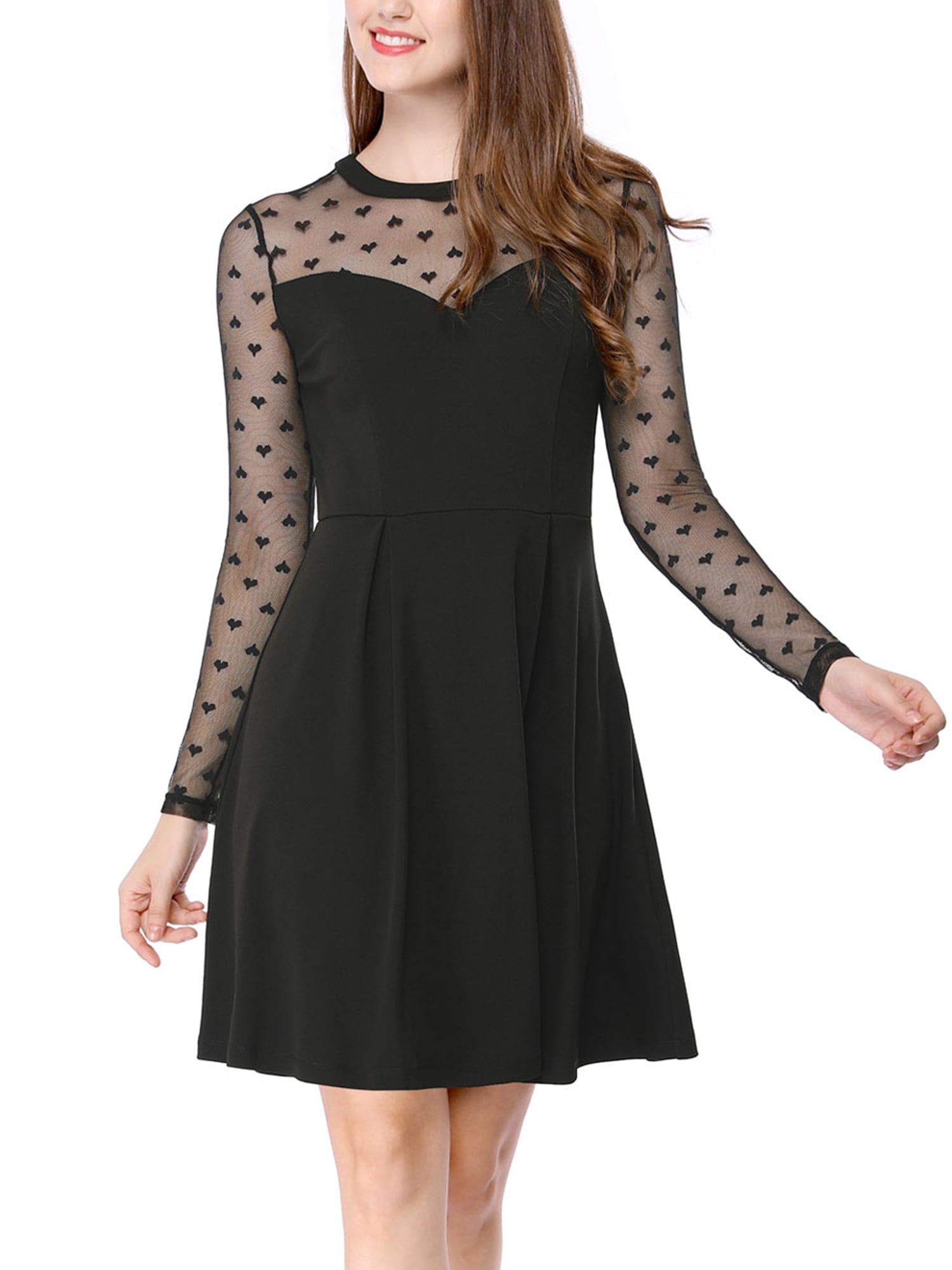 Allegra K Women's Heart Polka Dots Mesh Sheer Sleeves Skater Prom A-Line Short Dress