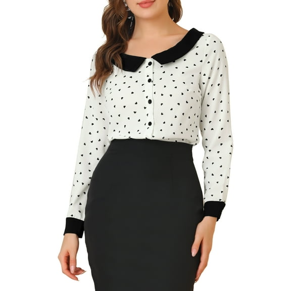 INSPIRE CHIC Women's Heart Print Contrast Collar Button Front Long Sleeve Shirt L White