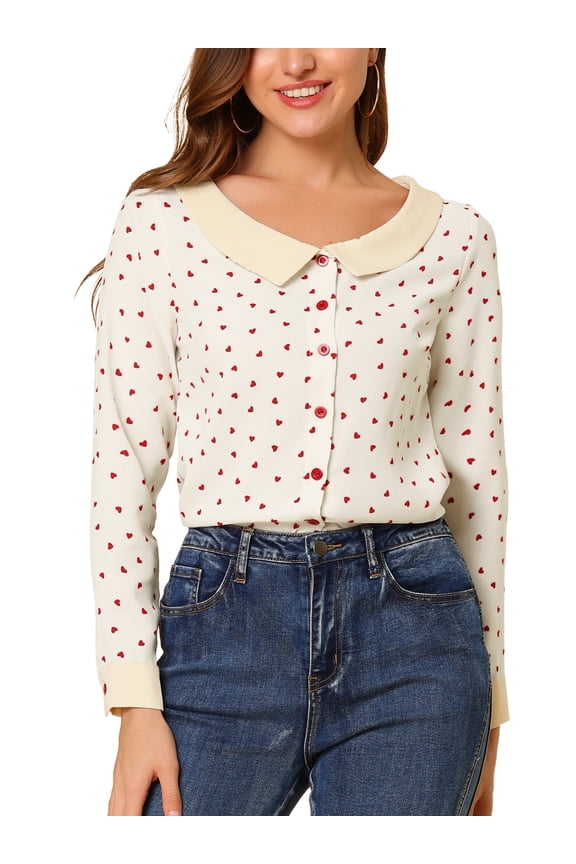 Women's Heart Print Contrast Collar Button Front Long Sleeve Shirt M Beige