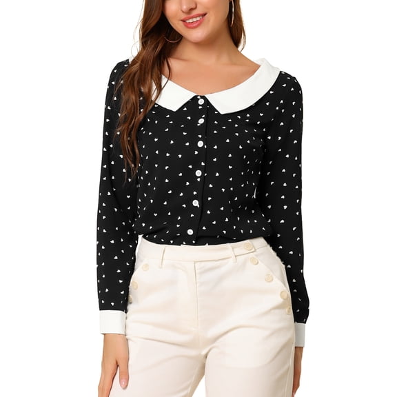 INSPIRE CHIC Women's Heart Print Contrast Collar Button Front Long Sleeve Shirt S Black