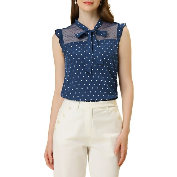 INSPIRE CHIC Women's Heart Print Vintage Ruffle Sleeveless Bow Tie Work Blouse Top