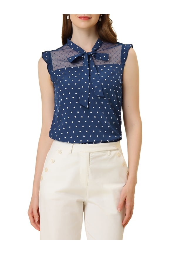 Women's Heart Print Vintage Ruffle Sleeveless Bow Tie Work Blouse Top