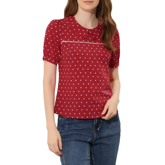 INSPIRE CHIC Women's Heart Shirt Sweet Peter Pan Collar Puff Short Sleeve Blouse Tops XL Red