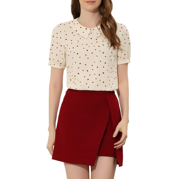 INSPIRE CHIC Women's Heart Shirt Sweet Peter Pan Collar Puff Short Sleeve Blouse Tops XS Beige