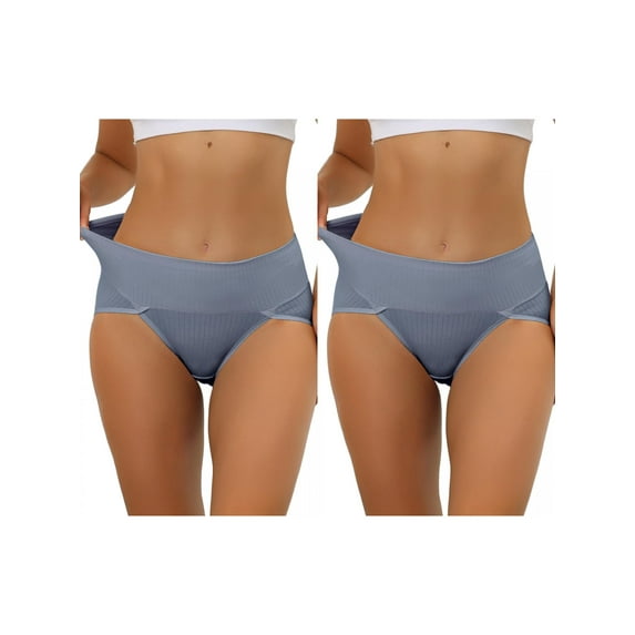 NOMADIC NOOK Women's Hi-Cut Ribbed High Waist Tummy Control Underwear 2 Packs M Blue2