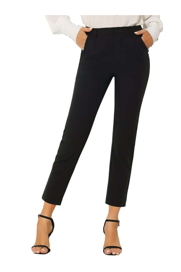 Women's High Waist Elastic Back Ankle Length WorkPants L Black Solid