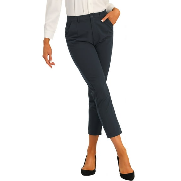 INSPIRE CHIC Women's High Waist Elastic Back Ankle Length WorkPants M Dark Blue Solid