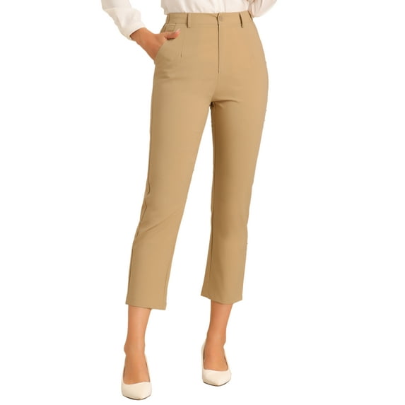 INSPIRE CHIC Women's High Waist Elastic Back Ankle Length WorkPants S Light Khaki Solid