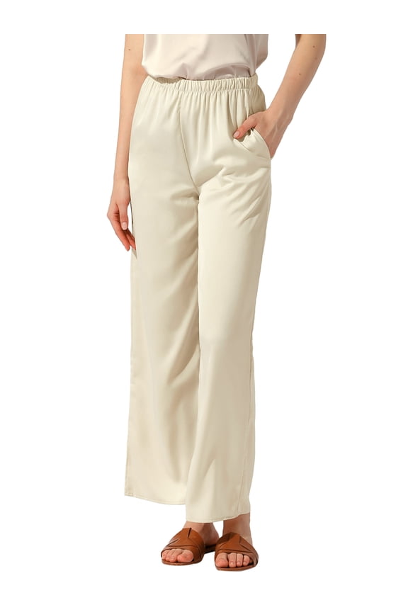 Women's High Elastic Waist Casual Trousers Satin Wide Leg Pants Beige M