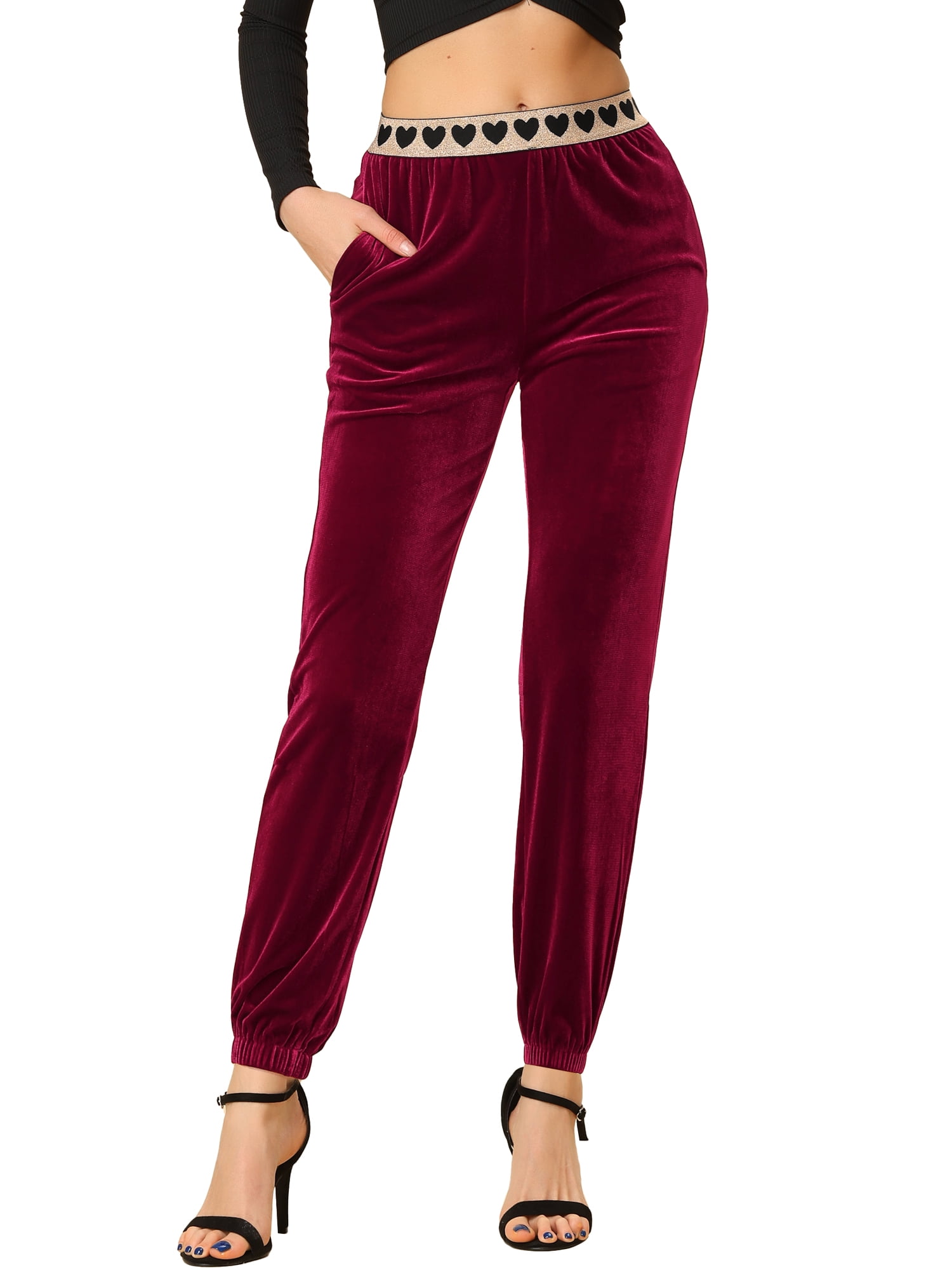 Allegra K Women's High Elastic Waist Contrast Hearts Velvet Long