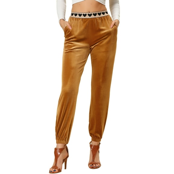 INSPIRE CHIC Women's High Elastic Waist Contrast Hearts Velvet Long Jogger Pants Brown XL