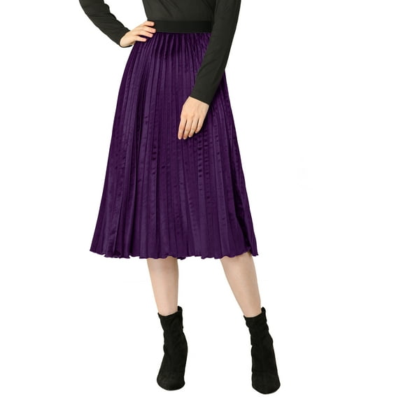 INSPIRE CHIC Women's High Elastic Waist Swing Flare Hem Velvet Pleated Skirt S Dark Purple